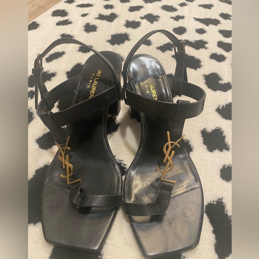 Yves Saint Laurent Black Leather Logo T-Strap Sandals with Gold YSL Hardware